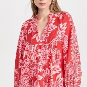 FARM Rio Red and Pink Long Sleeve Floral Tunic Dress